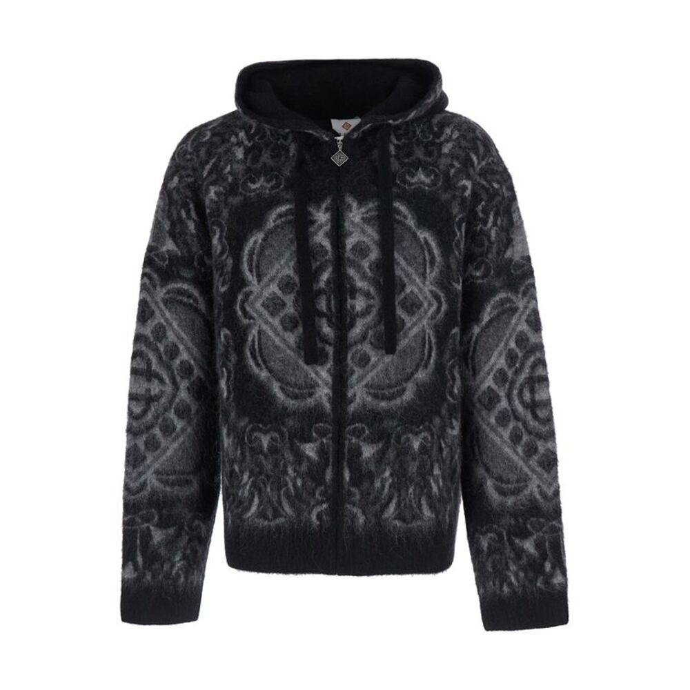 Casablanca Men Black Hooded Cardigan With Geometric Motif In Wool For Men
